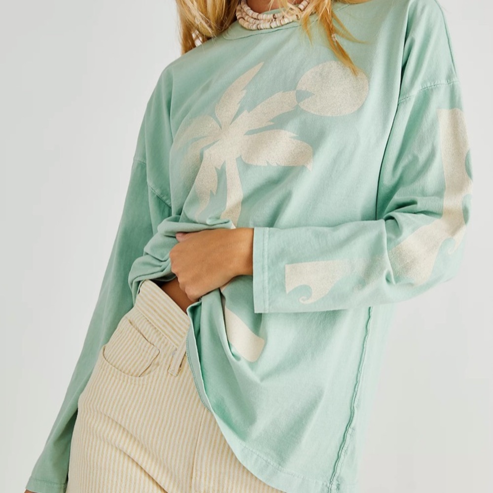 Free People MIDNIGHT RIDER Palm Tree Long Sleeve Tee. SOLD OUT. Mint Green. S.